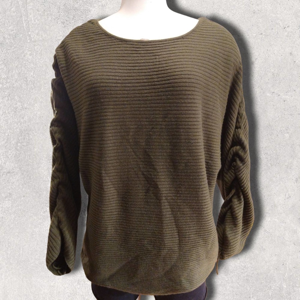 Army green ribbed oversized loose fit sweater drawstring sleeves small A.N.A